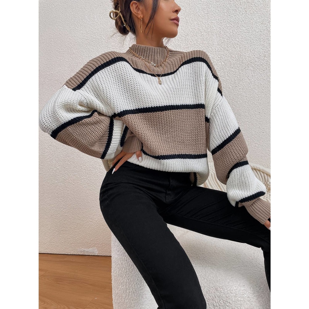Color Block striped Mock Neck oversized Sweater tan white black - Picture 5 of 6